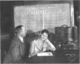 A student has her hearing tested with a phonograph audiometer in the early 1930s. The audiometer was a technological improvement over tuning forks and whisper tests, which had been used in earlier years.